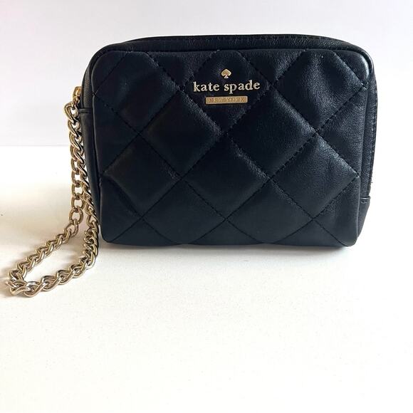 KATE SPADE Black Leather Quilted Wristlet with Gold Chain - Picture 1 of 10